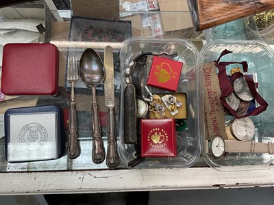 Lot 591 - Sundry collectables, including watches, medals, badges, and a set of silver handled cutlery