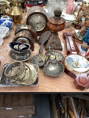 Lot 510 - Three clocks together with an oil lamp, barometer and small group of plated wares.