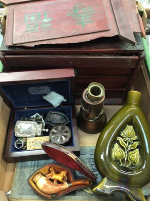 Lot 395 - Mahjong set (incomplete) in damaged wooden box, together with Art Nouveau copper vessel, pipe in case and sundry items