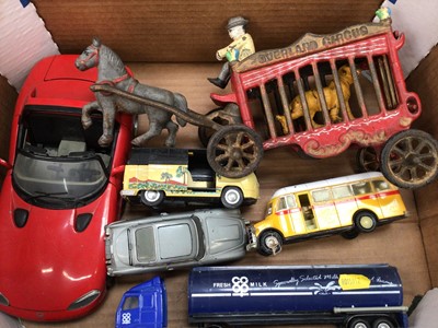 Lot 398 - Vintage painted metal 'Overland Circus' horse and tiger carriage, other toy cars and vehicles