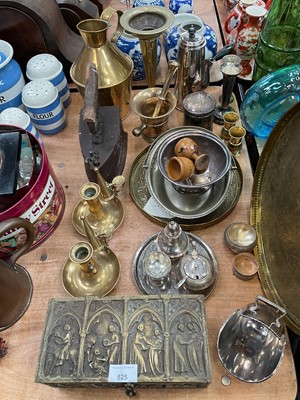 Lot 525 - Eastern white metal pot and cover, silver spill vase, brass tray and other metal wares.