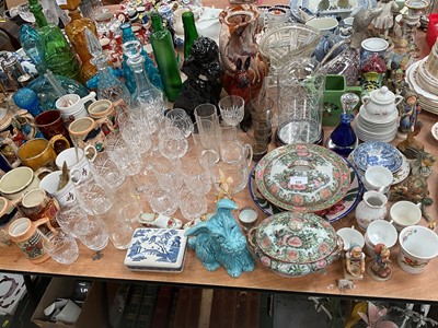 Lot 526 - Cantonese famille rose tureen and cover together with a similar muffin dish, cut glassware and sundry ceramics.