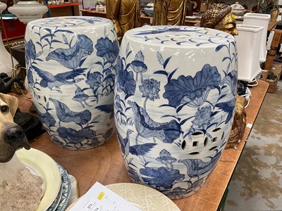 Lot 528 - Pair of Chinese blue and white porcelain barrell shaped garden seats.