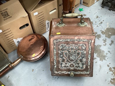 Lot 545 - Collection of brass and copper including a Victorian coal scuttle, fender, fire irons etc