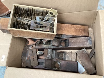 Lot 550 - Box of vintage woodworking tools including planes and a boxed scientific instrument