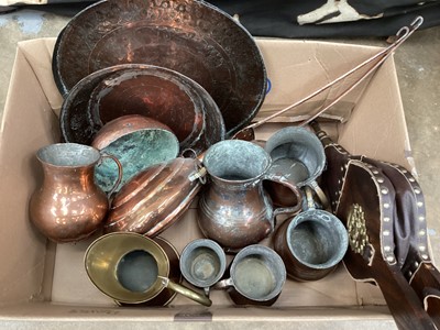 Lot 551 - Box of metal work, pair of bellows, Victorian rosewood box etc