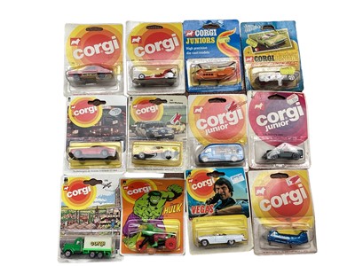 Lot 1869 - Selection of Corgi, Corgi Junior, Commander Force and other diecast cars, on card with blister packs (1 box)