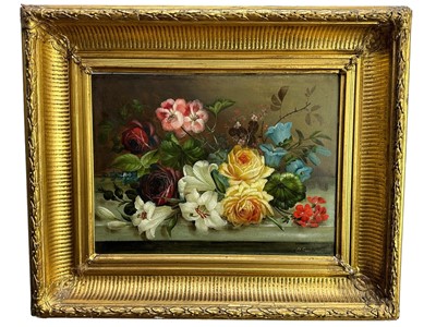 Lot 270 - E. Steele, two late Victorian oils on board - Still Lifes Flowers, signed, 30cm x 40cm and 27cm x 39.5cm, in gilt frames