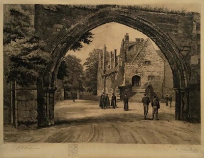 Lot 392 - Two prints of Repton School - view through old archway and a cricket match, signed in pencil, 35cm x 49cm both in glazed frames (2)