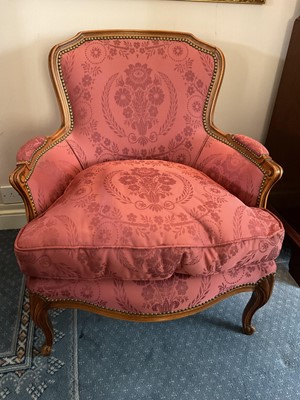 Lot 1142 - Louis XVI style armchair with channel carved showwood frame and terracotta floral upholstery.