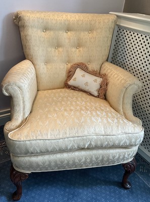 Lot 1143 - George II style armchair with lemon damask upholstery on scroll carved cabriole legs