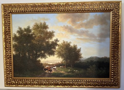 Lot 1004 - Pair of 19th century-style oils on canvas - Cattle and Drover in Extensive Landscape and Livestock Watering, 60cm x 90cm, in gilt frames