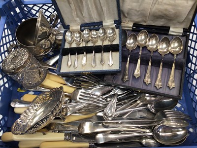 Lot 1086 - Silver four legged bon bon dish with pierced decoration, set of six silver teaspoons in fitted case, silver mounted glass jar, together with silver plate and flatware