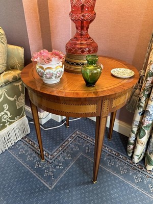 Lot 1150 - Pair of Louis XVI style satinwood and rosewood urn tables