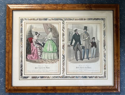 Lot 1007 - Ten 19th century French hand coloured fashion prints, published by S & J Fuller, framed in pairs in walnut veneered frames, 41cm x 53cm (5)