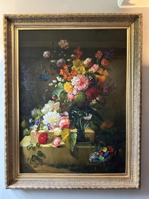 Lot 1009 - 19th century-style, Continental School, oil on canvas - Still Life Summer Blooms, 121cm x 90cm, in gilt frame