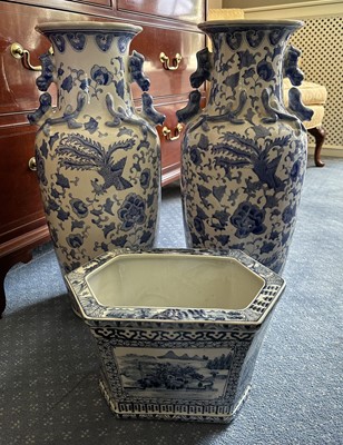 Lot 320 - Large pair of Chinese blue and white baluster vases, 61cm high