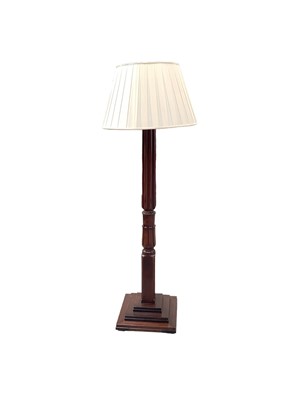 Lot 1177 - Mahogany standard lamp and shade, with fluted column on stepped square base, 178cm high