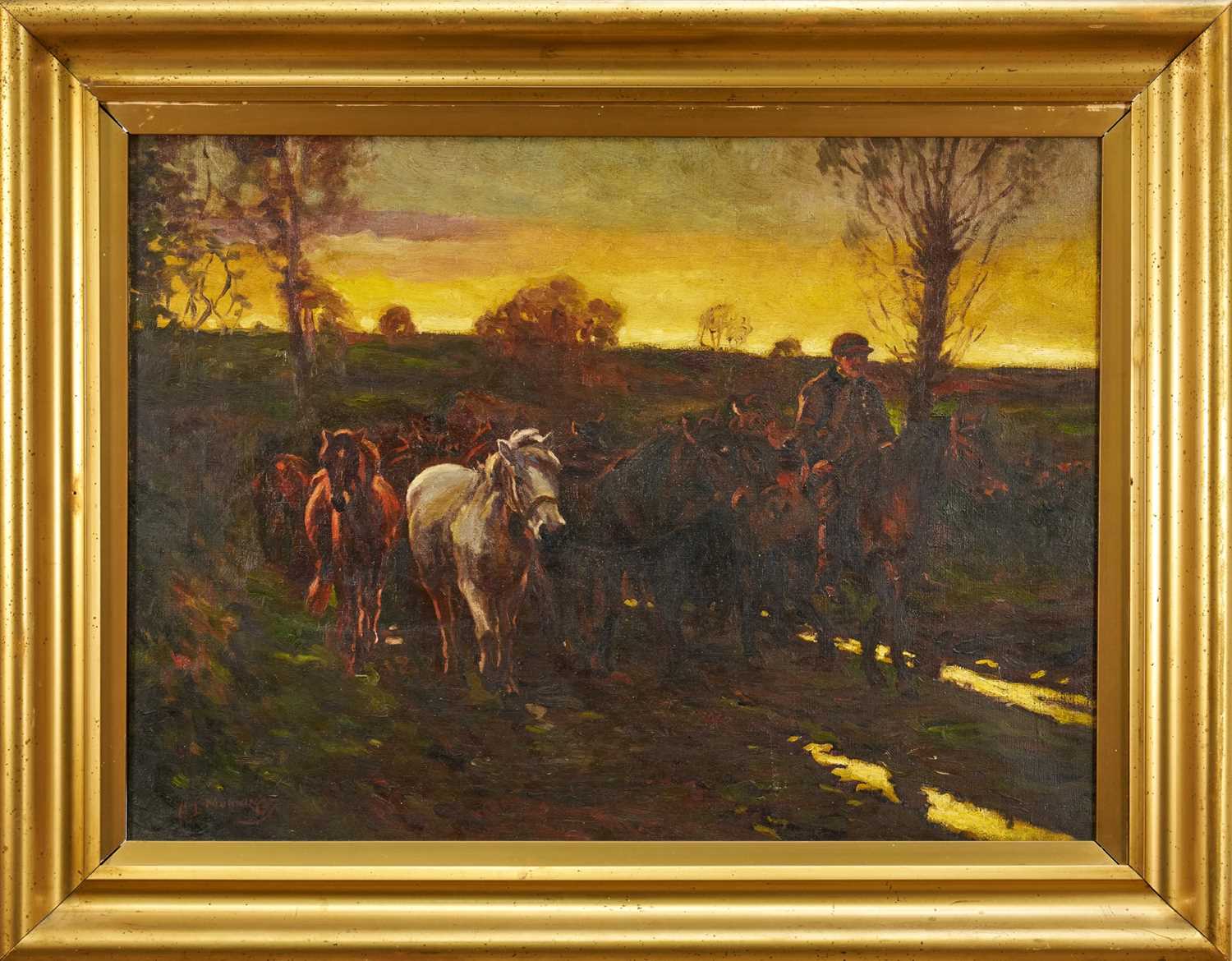 Lot 1338 - Attributed to Geoffrey Mortimer after Sir Alfred Munnings, oil on canvas - The Travellers, bearing signature, 51cm x 69.5cm, in gilt frame