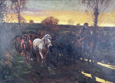 Lot 1338 - Attributed to Geoffrey Mortimer after Sir Alfred Munnings, oil on canvas - The Travellers, bearing signature, 51cm x 69.5cm, in gilt frame