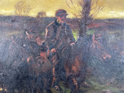 Lot 1338 - Attributed to Geoffrey Mortimer after Sir Alfred Munnings, oil on canvas - The Travellers, bearing signature, 51cm x 69.5cm, in gilt frame