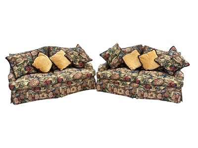 Lot 1180 - Pair of twin-seater settees, each with floral tapestry upholstery, 165cm wide