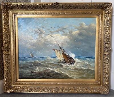 Lot 1013 - After John Moore of Ipswich (1820-1902) oil on canvas - Lowestoft Trawler in Rough Weather, 61cm x 76cm, in gilt frame