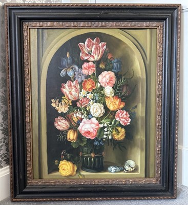 Lot 1015 - After Ambrosius Bosschaert (1573-1621) oil on canvas - Still Life Summer Flowers, 60cm x 50cm, in gilt and ebonised frame