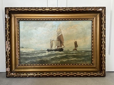 Lot 1016 - Continental School, early 20th century, oil on canvas - Shipping off the Coast, indistinctly signed, 46cm x 74cm, in gilt frame