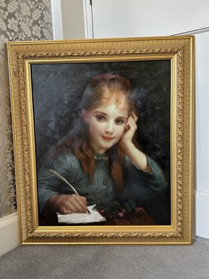 Lot 1017 - After Adolphe Etienne Piot (1850-1910) oil on canvas - Portrait of a Young Girl Writing, 61cm x 51cm, in gilt frame