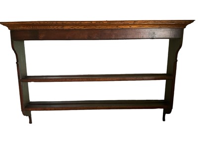 Lot 1189 - Georgian and later wall mounted oak hanging shelves with shaped cornice, 143cm wide by 97cm high