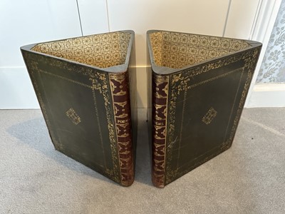 Lot 1196 - Pair of leather novelty triangular waste paper baskets, decorated in the form of books