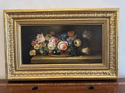 Lot 1019 - Pair of Dutch-style oils on panel - Still Life Summer Flowers, 21cm x 41cm, in gilt frames