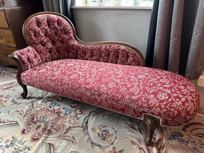 Lot 1197 - Victorian mahogany chaise-longue raised on cabriole legs, with button foliate upholstery, 173cm long