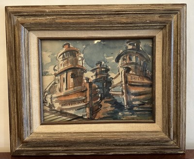 Lot 1020 - Bill Tenschert, mid 20th century, two ink and watercolour drawings - Antibes and Boats in a Harbour, signed and inscribed, 22cm x 29.5cm, in glazed frames