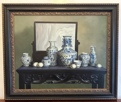 Lot 1022 - Continental School, 20th century, oil on canvas - Still Life Chinese Ceramics on a Hardwood Table, 60cm x 75cm, in gilt and ebonised frame