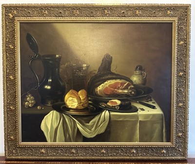 Lot 1023 - Continental School, 20th century, oil on canvas - Still Life, The Supper Table, 60cm x 75cm, in gilt frame