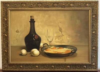 Lot 1024 - Continental School, 20th century, oil on canvas - Still Life Eggs and Bottle, 50cm x 75cm, in gilt frame