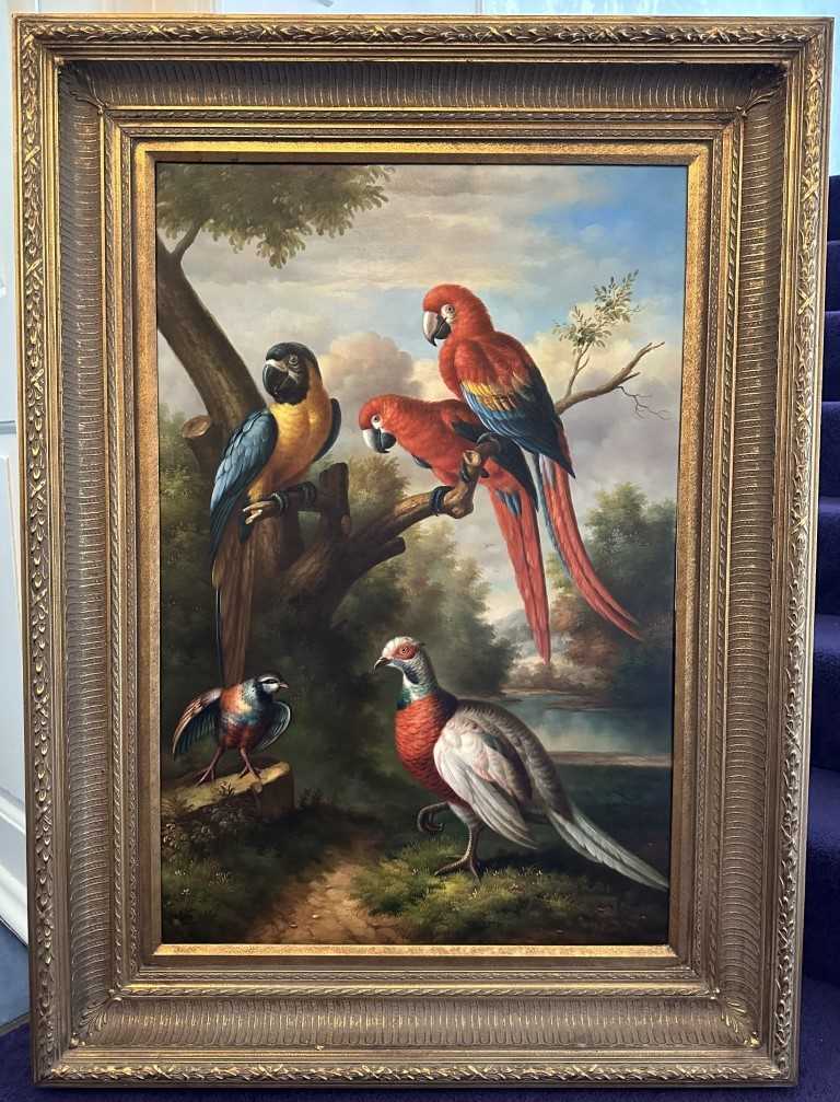 Lot 1025 - Manner of Hondecoeter, pair of oils on canvas - Parrots and Exotic Birds, 92cm x 61cm, in gilt frames