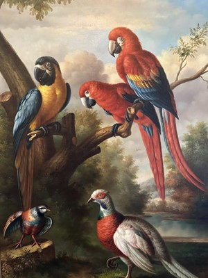 Lot 1025 - Manner of Hondecoeter, pair of oils on canvas - Parrots and Exotic Birds, 92cm x 61cm, in gilt frames