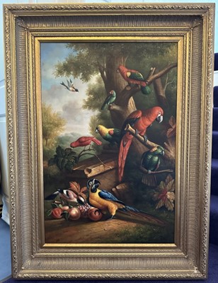 Lot 1025 - Manner of Hondecoeter, pair of oils on canvas - Parrots and Exotic Birds, 92cm x 61cm, in gilt frames