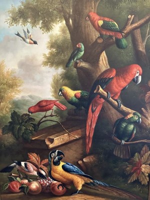 Lot 1025 - Manner of Hondecoeter, pair of oils on canvas - Parrots and Exotic Birds, 92cm x 61cm, in gilt frames