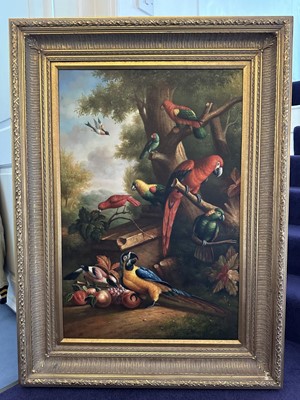 Lot 1025 - Manner of Hondecoeter, pair of oils on canvas - Parrots and Exotic Birds, 92cm x 61cm, in gilt frames