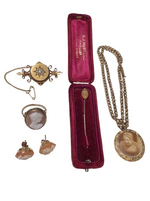 Lot 153 - Victorian yellow metal and seed pearl brooch, Victorian 15ct gold stick pin, 9ct gold mounted cameo ring and pair of earrings and a Victorian glazed locket on a gilt metal chain