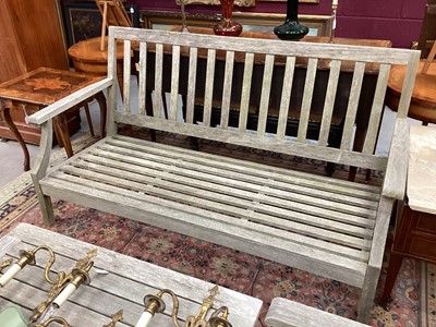 Lot 1223 - Suite of teak garden furniture comprising a pair of low wooden benches and en-suite chairs with square coffee table (5), with removable cushions