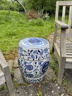 Lot 1225 - Chinese blue and white transfer printed barrel form ceramic garden seat, 46cm high