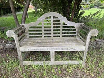 Lot 1230 - Lutyens style teak bench with memorial inscription, 146m long