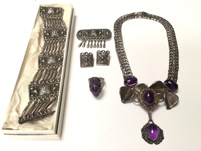 Lot 223 - Mexican silver and cabochon amethyst necklace and ring, and a Mexican silver bracelet, brooch and pair of clip on earrings