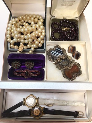 Lot 224 - Garnet bead necklace with 14ct gold clasp, two simulated pearl necklaces with 14ct gold clasps, two Borel wristwatches, vintage agate bracelet and earrings etc