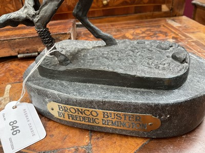 Lot 846 - After Frederick Sackrider Remington - bronze figure of 'Bronco Buster' on titled marble plinth, 16cm wide